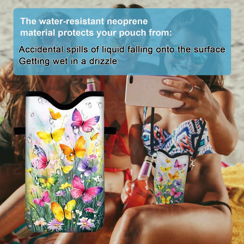 otilil Neoprene Cell Phone Sleeve Pouch Case Bag with Crossbody Strap Neck Lanyard for Women 7.1 X 3.9 in Flower Butterfly - Image 4